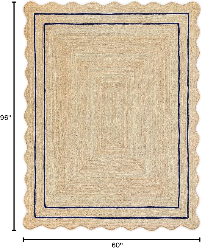 Wave Scalloped Natural Jute Rug Boho Entryway Runner Farmhouse Scallop, Navy (5'x8')
