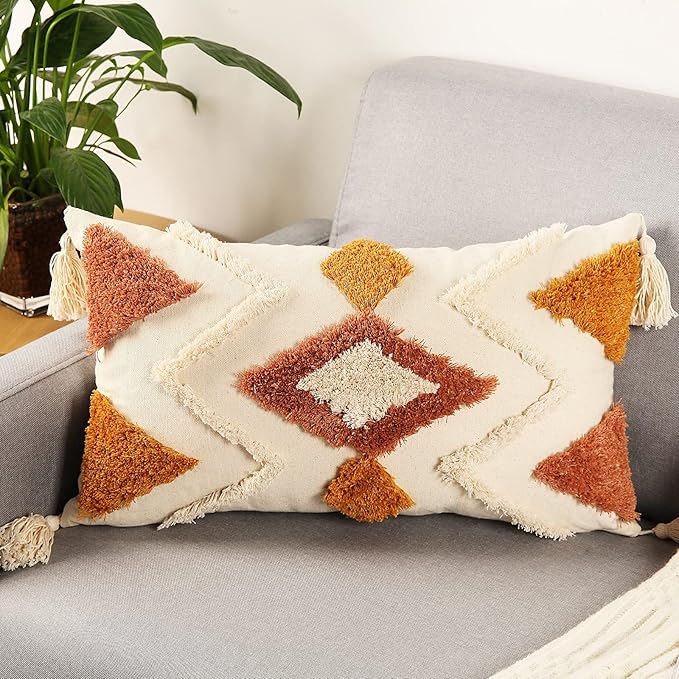 Merrycolor Boho Lumbar Throw Pillow Cover 12x20 inch,Bohemian Tufted Decorative Pillow Covers with Tassels for Couch Sofa Bedroom Living Room