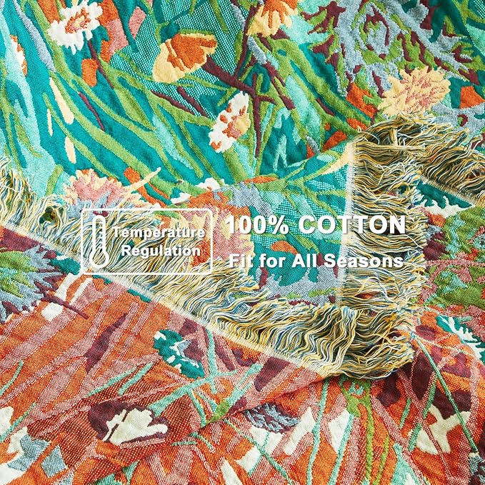 Cotton Boho Blanket Queen Size Soft Spring Lightweight Bed Quilt Floral Embroidery Blanket for Bedroom Living Room Home Decor Reversible Blankets 90"x90"