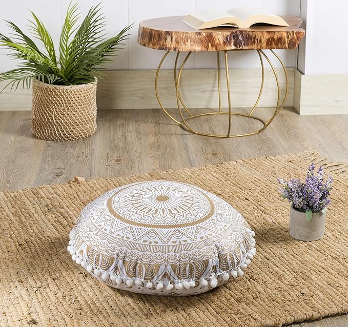 Popular Handicrafts Floor Pillow Cushion Cover - Hippie Mandala Round Ombre Pouf Sham - Meditation Seating Ottoman Bohemian with Pom Pom with Soft Particles- 18" Gold