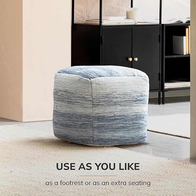 Anji Mountain Pouf Ottoman Foot Rest, Handmade Ottoman Pouf, Comfortable Foot Stool, Decorative Floor Seating for Living Room Decor, Bedroom & Home Décor Accent - Denim Sky