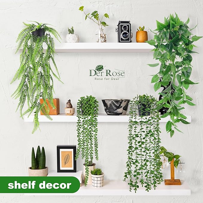 Der Rose 4Pcs Fake Plants Hanging Artificial Ivy Vine Faux Eucalyptus Hanging Plants, Boston Fern, String of Pearls for Living Room Aesthetic Bedroom Boho Kitche Wall Shelf Indoor Outdoor Decor