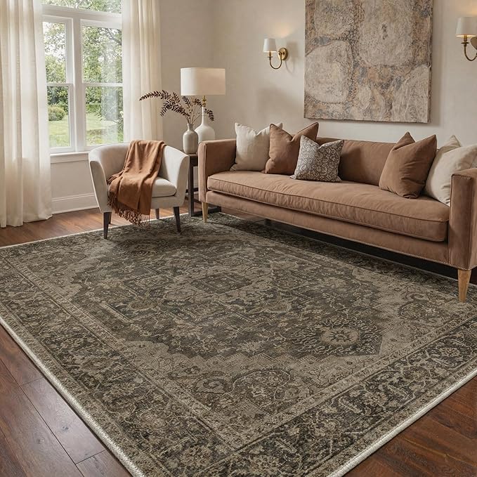 GENIMO 5x7 Area Rugs for Living Room, Machine Washable Non Slip Vintage Rugs, Low Pile Lightweight Chenille Print Rug for Bedroom, Dining Room, Home Office, Vintage Chocolate