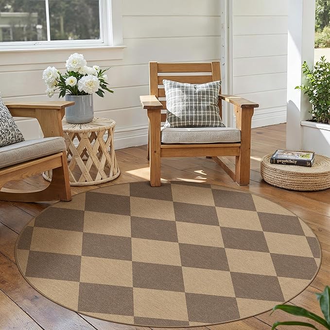 Checkered Easy Jute Rugs for Entryway, 3 ft Round Rug Small Indoor Outdoor Circle Carpet, Farmhouse Neutral Non Slip Non Shedding Brown Carpet for Kitchen Front Porch Foyer