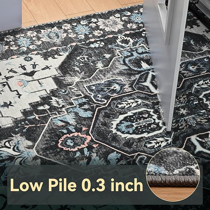 YJ.GWL Area Rugs for Living Room 6x9 Machine Washable Rugs, Non Slip Floral Vintage Rug Indoor Carpet, Stain Resistant Large Rug for Bedroom Dining Room, Black Grey Blue