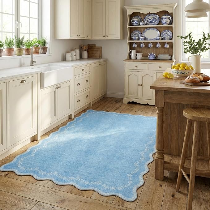 GarveeHome 3x5 Scalloped Washable Area Rug for Bedroom,Soft Solid Blue Entryway Rug Non Slip Low Pile Carpet Stain Resistant Throw Rug for Bedside Kids Room Office Dining Room