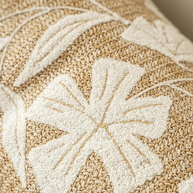 BlissBlush Jute Decorative Spring Accent Lumbar Throw Pillow Cover 12X20, Neutral Floral Farmhouse Textured Pillowcase for Couch Sofa Living Room,Outdoor Lounge(Cover Only)