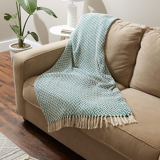 DII Modern Zig Zag Throw Blanket Woven Cotton, Hand-Knotted 2.5" Fringe, 50x60, Teal