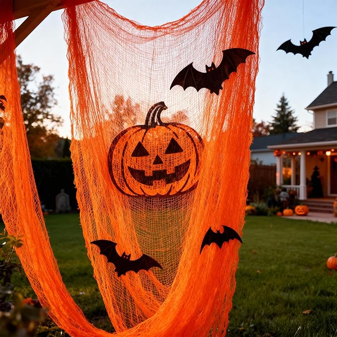 Set of 5 Halloween Creepy Gauze Cloth Decoration, Orange Scary Indoor Outdoor Halloween Gauze Tapestry Decor, Spooky Decorations for Home Wall Yard Haunted House Party Supplies, 72 x 30 inch