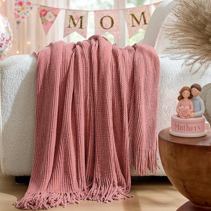 inhand Coral Pink Chunky Chenille Throw Blanket for Couch Bed, Mothers Day/Mom Birthday Gifts for Mom from Daughter Son,Soft Boho Knitted Blanket,Cozy Decor for Living Room,60"x80",Medium Thick