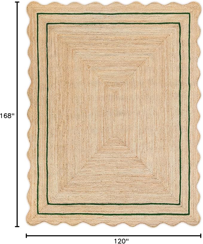 Wave Scalloped Natural Jute Rug Boho Jute Rug Entryway Runner Rug Farmhouse Scallop Rug, Green (10'x14')