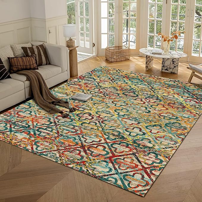 RUGSURE Washable Area Rugs, 8' x 10' - 1/6 Thick - Stain & Water Resistant Non-Slip - Perfect Resistant Rug for Living Room, Bedroom, Nursery, Pet & Child Friendly, Vibrant Colors Rugs, Multicolor