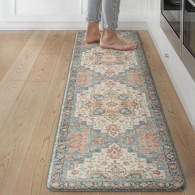 GENIMO Kitchen Mats for Floor, Washable Anti Fatigue Mat for Cushioned, 17.3"x59", Waterproof Kitchen Rugs, Non Slip Foam Comfort Standing Mat Rug for Home, Runner, Sink, Laundry, Blue&Salmon