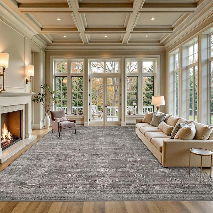9x12 Area Rugs for Living Room Bedroom, Large Washable Rug, Grey Vintage Retro Boho Rug, Non Slip & Low Pile Faux Wool Thin Carpet for Indoor Dining Room and Kids Room(Taupe/Grey 9x12ft)