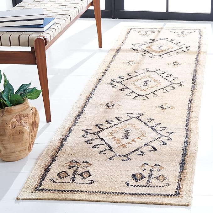 SAFAVIEH Kilim Collection Runner Rug - 2'3" x 13', Ivory & Black, Handmade Flat Weave Jute, Ideal for High Traffic Areas in Living Room, Bedroom (KLM762A)