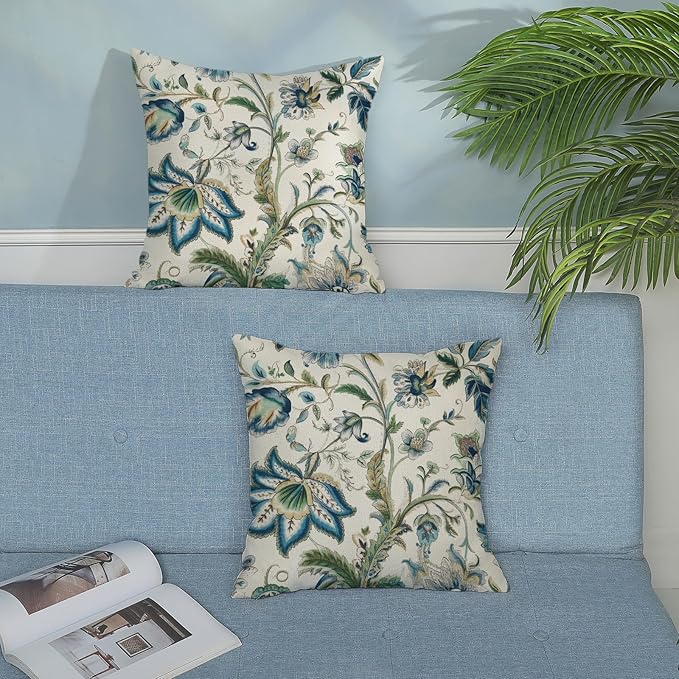Blue Green Pillow Covers 16x16 Set of 2 Sage Green Chinoiserie Floral Throw Pillows Boho Vintage Flowers Decorative Pillowcase Outdoor Chinoiserie Decor Farmhouse Cushion Case for Couch Sofa
