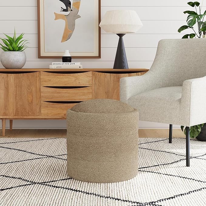 Spatial Order Storage Round Ottoman with Removable Lid (with Hidden Storage) | Spatial Order Home Décor | Upholstered Round Ottoman – Brown Boucle