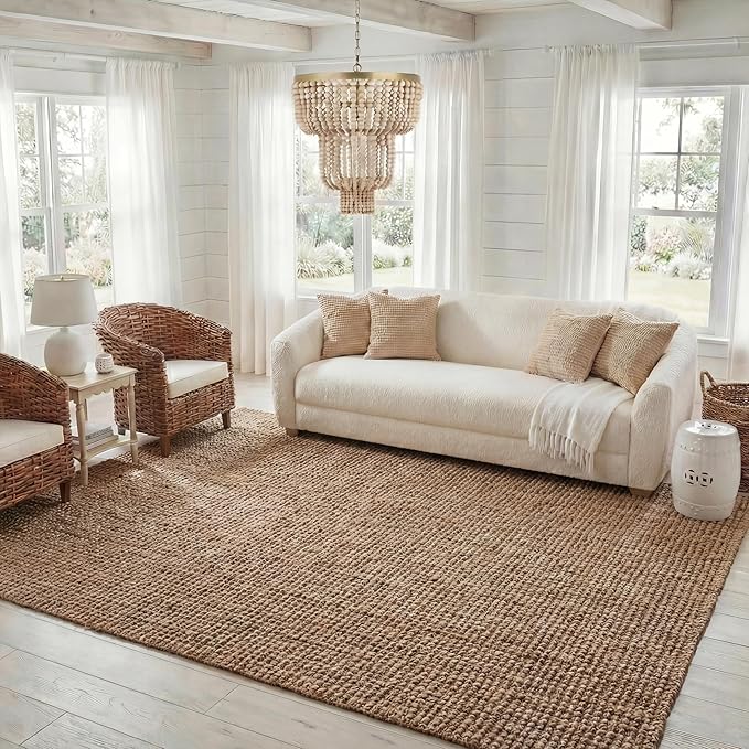SAFAVIEH Area Rug 6x9 - Natural Fiber Collection - Natural Brown, Handmade Jute, Farmhouse Style, Chunky Textured Thick Pile (NF447A)