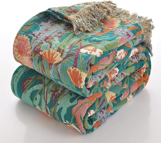 Boho Throw Blanket for Bed 100% Cotton Ultra Soft Rustic Quilt Floral Printed Farmhouse Decor Fall Bed Blankets,90"×98" All Season Rustic Large Throw for Sofa Couch Chair