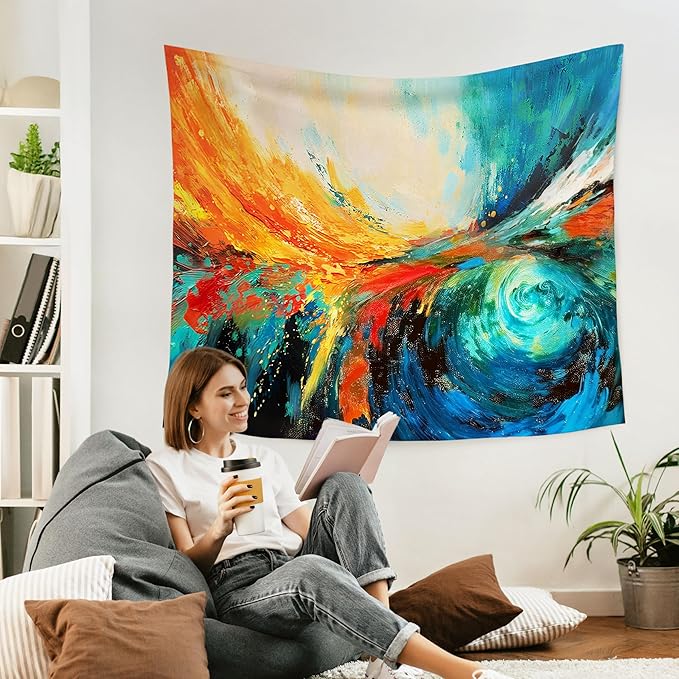 WARDOS Modern Abstract Tapestry, Colorful Modern Tapestry Wall Hanging, Blue and Orange Abstract Wall Blanket Decor for Home Living Room Bedroom, 50x60 Inch