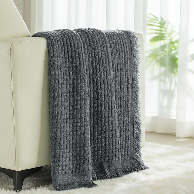 Exclusivo Mezcla Knit Throw Blanket with Fringes for Couch, Reversible Super Soft and Warm Woven Boho Throw for All Season, Home Decor, 50"x60", Dark Grey
