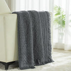 Exclusivo Mezcla Twin Size Knit Blanket with Fringes for Bed, Reversible Super Soft and Warm Woven Boho Throw for All Season, Home Decor, 60"x80", Dark Grey