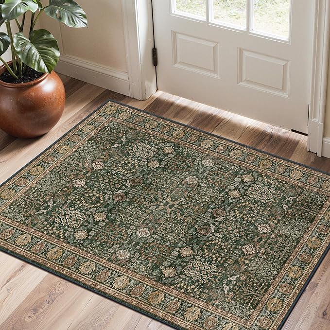 Bavni 2x3 Doormat, Machine Washable Runner Rug Non Slip, Vintage Floral Print Style Rugs for Entrance-Lightweight Low Pile Carpet for Hallways Kitchen and Corridor, Dark Green/Multi