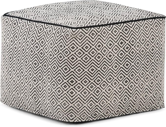SIMPLIHOME Brynn Square Pouf - 18 inch Wide Handwoven Cotton Ottoman in Patterned Black and Natural, Boho Footstool, Coffee Table or Extra Seating for Living Room or Bedroom, Assembled