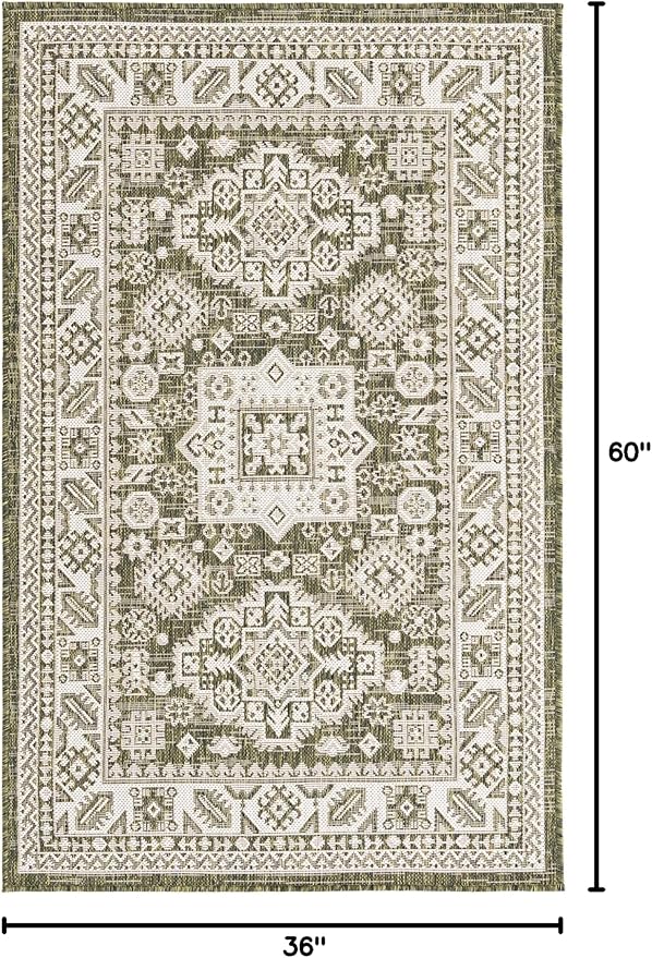 Rugs.com Outdoor Aztec Collection Rug – 3' x 5' Green Flatweave Rug Perfect for Living Rooms, Large Dining Rooms, Open Floorplans