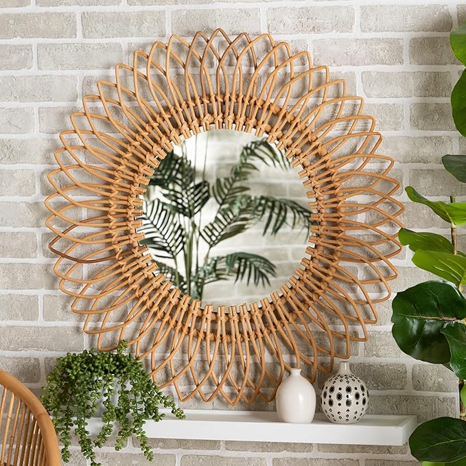 bali & pari Bora Modern Bohemian Natural Rattan Wall Accent Mirror