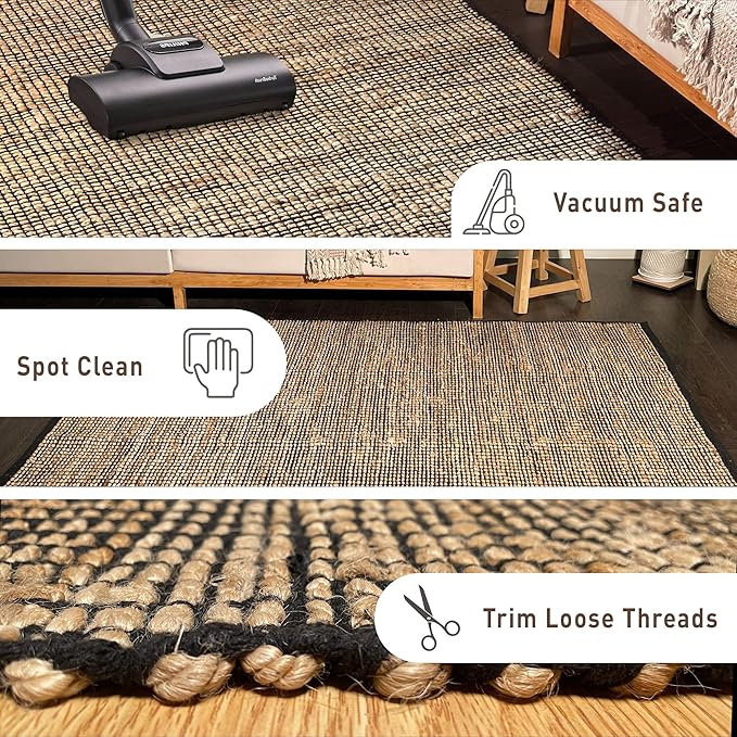 Chardin home 2x3 Jute Cotton Hand Woven Rug | Braided Doormat, Boho, Rustic, Natural Jute/Black | Farmhouse Vintage Area Rugs for Bedroom, Living Room, Kitchen, and entryways