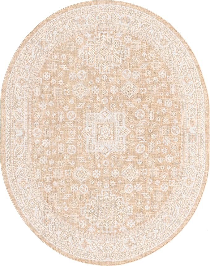 Rugs.com Outdoor Aztec Collection Rug – 8' x 10' Oval Natural Flatweave Rug Perfect for Living Rooms, Large Dining Rooms, Open Floorplans