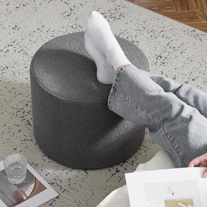 Bezseller Soft Boucle Pouf Ottoman, Comfortable Foot Rest, Full Foam Filling Footstool for Living Room, Bedroom, Lightweight Comfort and Charm Floor Poof Seating Perfect to Rest Your Feet, Grey