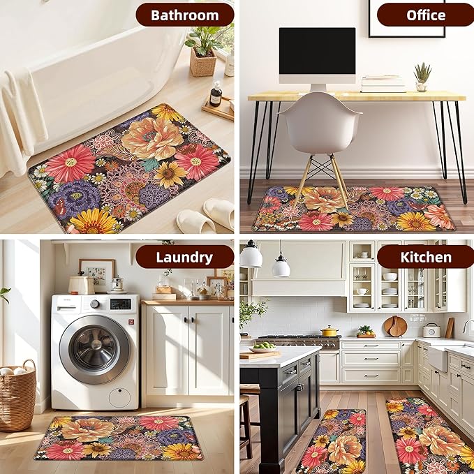 Boho Floral Kitchen Mats for Floor 2PCS Anti Fatigue Mats for Kitchen Floor Cushioned Non Slip Waterproof Memory Foam PVC Kitchen Rugs Set for Sink,Office,Laundry 17.3"x28"+17.3"x47"