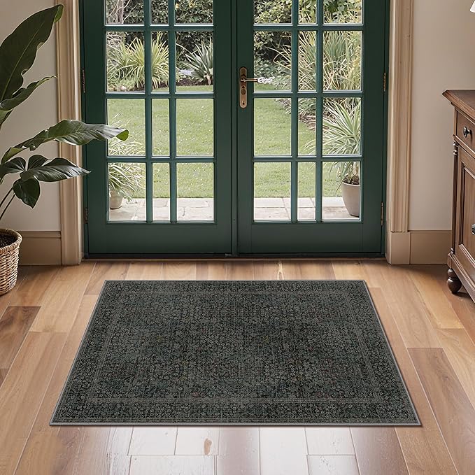 GENIMO 2x3 Indoor Doormat, Washable Non-Slip Vintage Floral Low Pile Door Mat for Entryway Front Door Kitchen Bathroom, Stain Resistant Small Throw Rug Runner (Charcoal Green)