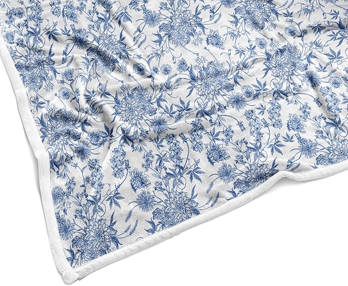 Floral Blanket Blue Floral Throw Blanket, Botanical Flowers Blankets, Soft, Flannel, Warm, Boho Flowers Bed Blankets All Season for Couch Bedroom Living Room, Blue-3 50X70 Inch