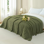 Throw Blanket for Couch, Olive Green Luxury Knitted Throws 60"x80", Textured Blankets with Handmade Fringe Tassels for Bed Sofa Decorative, Chunky Soft Farmhouse Boho Home Decor