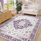 Amearea Vintage Design Area Rugs for Living Room, 4x6 Machine Washable Floral Collection Traditional Bedroom Rug, Low Pile Cute Kids Room Print Carpet, No Slip Office Kitchen Home Decor, Purple