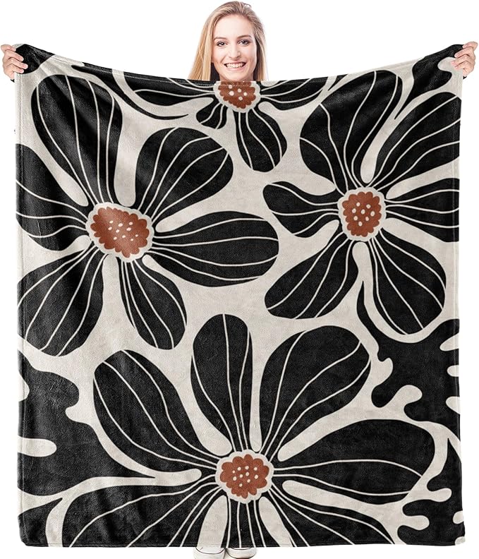 HIWX Boho Abstract Floral Blanket, Modern Abstract Boho Black Flower Throw Blanket for Home Living Room Bedroom Couch Bed Decor, 50x60 Inches