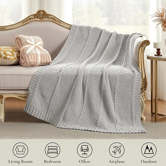 Amélie Home Chevron Chenille Knit Throw Blanket for Couch, Cozy Texture Decorative Soft Blanket for Sofa & Chair, 50"x60", Light Grey