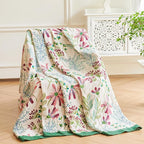 Boho Throw Blanket, 100% Organic Cotton Breathable Ultra Soft 50" x 60" Bed Quilt Throw - All Season Floral Rustic Farmhouse Decor Luxury Reversible Blanket for Sofa Couch Chair and Gift