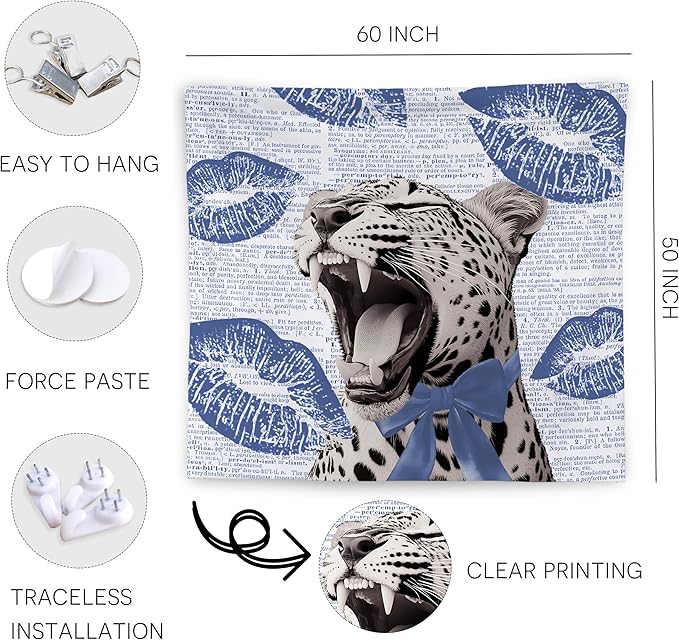 WNAGT Retro Trendy Leopard Tapestry Wall Hanging, Cheetah Leopard Room Decor, Vintage Funky Cheetah Print Lips Wall Blanket Decor for Girls Bedroom Dorm Apartment Home, 50x60 Inch(Blue)