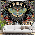 Accnicc Moth Tapestry Boho Mushroom Hippie Skull Wall Tapestry for Bedroom Aesthetic Vintage Floral Plant Moon Phase Large Tapestries Wall Hanging for Dorm Living Room Decor 80 x 60 Inch