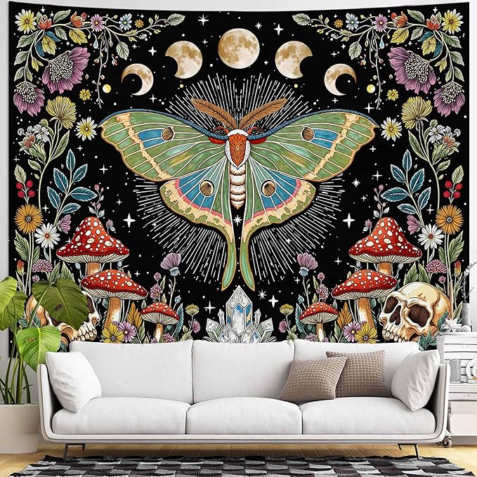 Accnicc Moth Tapestry Boho Mushroom Hippie Skull Wall Tapestry for Bedroom Aesthetic Vintage Floral Plant Moon Phase Large Tapestries Wall Hanging for Dorm Living Room Decor 80 x 60 Inch