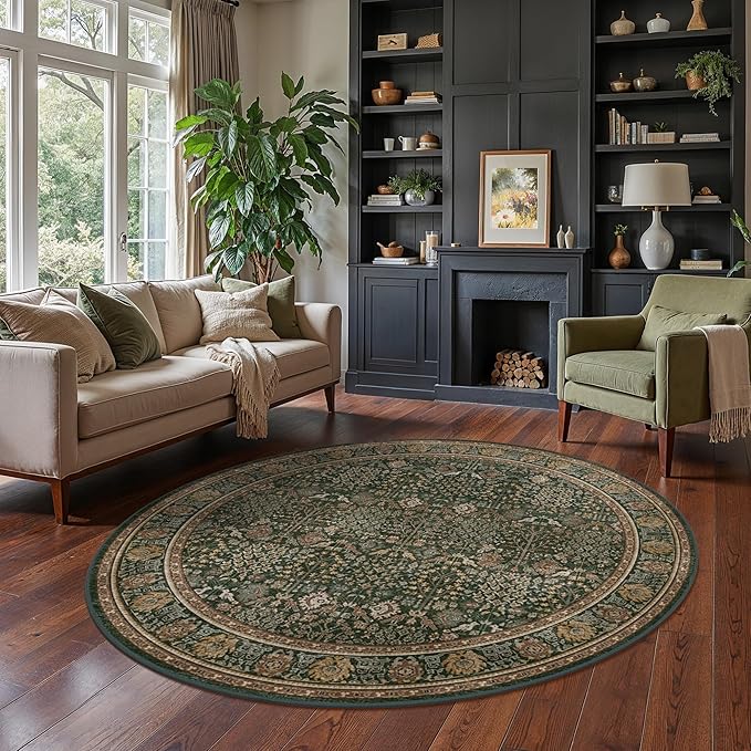 Bavni Round Rug 6ft-Machine Washable Area Rugs Non-Slip for Bedroom, 6x6 Vintage Floral Rug Distressed Throw Carpet for Living Room Nursery Kitchen Bathroom, Dark Green/Multi