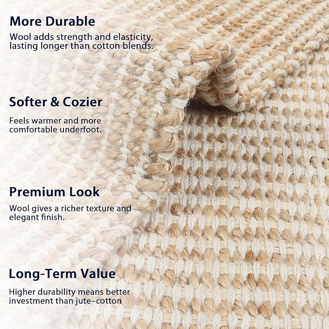 9' x 12' Jute & Wool Mini Check Area Rug with 4-Inch Border Handwoven mini Check Pattern – Living Room, Dining & Bedroom Rug, Neutral Indoor Natural Farmhouse Décor (9' x 12')