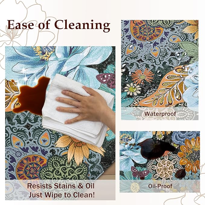 Boho Floral Kitchen Mats for Floor 2PCS Anti Fatigue Mats for Kitchen Floor Cushioned Non Slip Waterproof Memory Foam PVC Kitchen Rugs Set for Sink,Office,Laundry 17.3"x28"+17.3"x47"