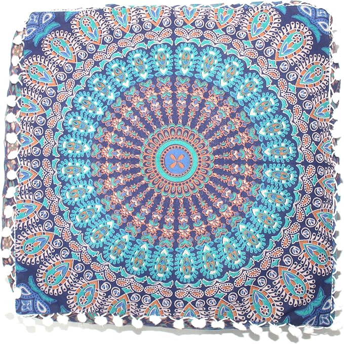 CRAFT KALA Blue Peacock Large Hippie Mandala Meditation Floor Ottoman Pillow Cushion Pouf Cover Square Poufs Bohemian Circle Floor Cushion Case Outdoor Fireplace Living Room Decor Cover 18" Square