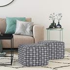SIMPLIHOME Noreen Square Pouf - 18 inch Wide Upholstered Handwoven Cotton Ottoman in Slate Grey and White, Boho Footstool or Extra Seating for Living Room with Polystyrene Filling, Assembled