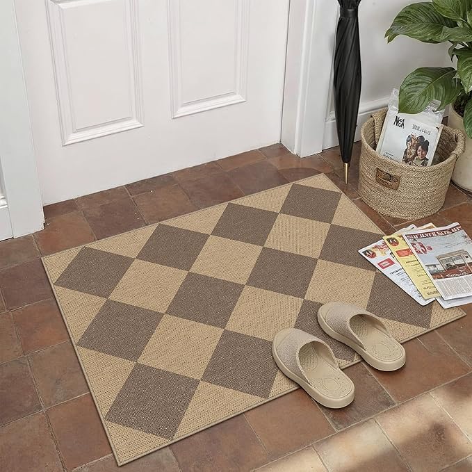 2x3 Checkered Easy Jute Kitchen Front Doormat Non Slip Washable Neutral Area Rug Diamond Non Shedding Low Pile Brown Checkerboard Floor Carpet for Farmhouse Entryway Porch Doorway